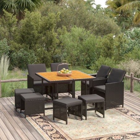 vidaXL Set de comedor de jardín 9 pzas y cojines ratán sintético negro
