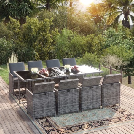 vidaXL Set comedor jardín 9 pzas y cojines ratán sintético gris