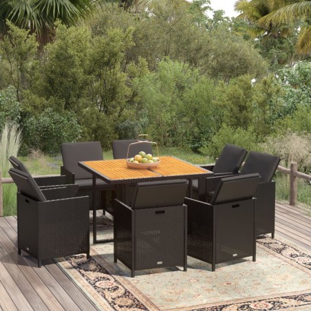 vidaXL Set de comedor de jardín 9 pzas y cojines ratán sintético negro
