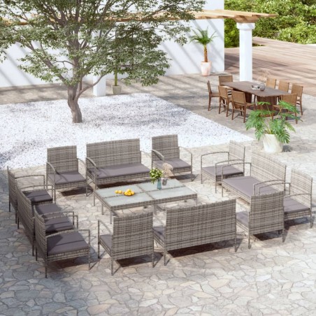 vidaXL Set de muebles de jardín 16 pzas y cojines ratán sintético gris