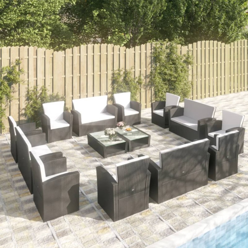 vidaXL Set muebles de jardín 16 piezas y cojines ratán sintético negro vidaXL Set muebles de jardín 16 piezas y cojines ratán sintético negro