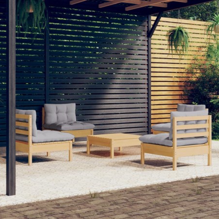 vidaXL Juego de muebles de jardín 5 pzas y cojines madera pino gris
