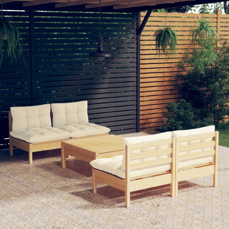 vidaXL Muebles de jardín 5 piezas cojines madera de pino crema vidaXL Muebles de jardín 5 piezas cojines madera de pino crema