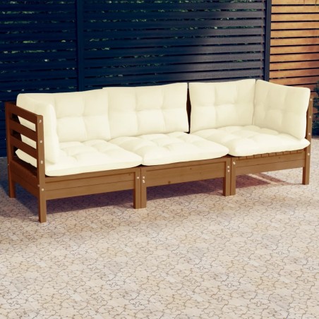 vidaXL Sofá de jardín de 3 plazas con cojines madera maciza pino crema