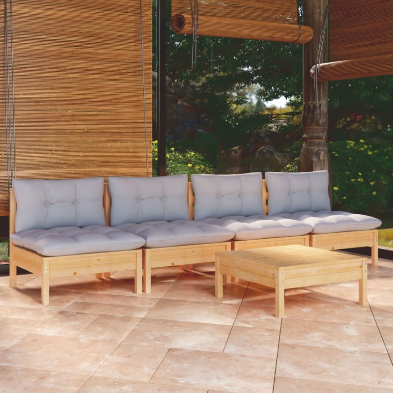 vidaXL Juego de muebles de jardín 5 pzas y cojines madera pino gris vidaXL Juego de muebles de jardín 5 pzas y cojines madera pino gris