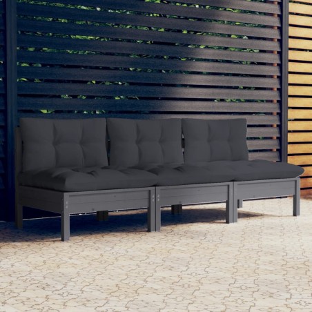vidaXL Sofá de jardín 3 plazas con cojines madera pino gris antracita