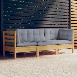 vidaXL Sofá de jardín de 3 plazas con cojines madera maciza pino gris