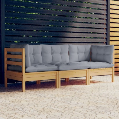 vidaXL Sofá de jardín de 3 plazas con cojines madera maciza pino gris