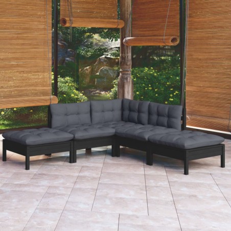 vidaXL Muebles de jardín 5 pzas con cojines negro madera de pino