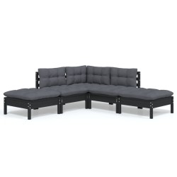 vidaXL Muebles de jardín 5 pzas con cojines negro madera de pino