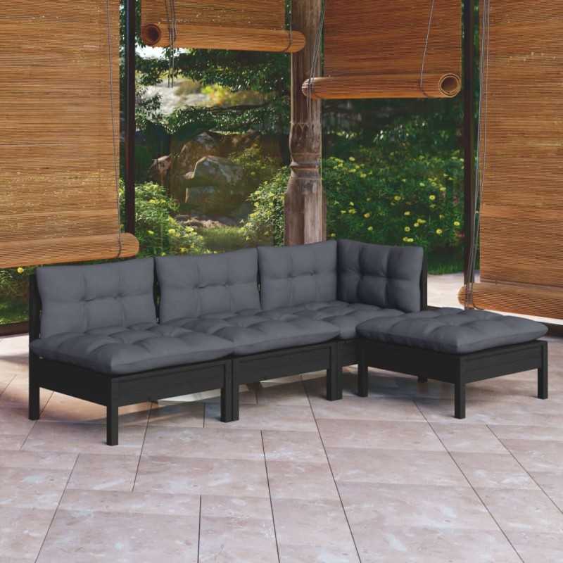 vidaXL Muebles de jardín 4 pzas con cojines negro madera de pino vidaXL Muebles de jardín 4 pzas con cojines negro madera de pino