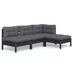 vidaXL Muebles de jardín 4 pzas con cojines negro madera de pino