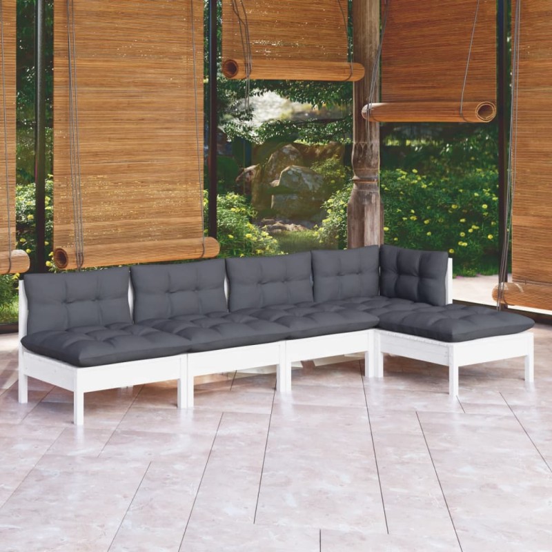vidaXL Muebles de jardín 5 pzas con cojines blanco madera de pino vidaXL Muebles de jardín 5 pzas con cojines blanco madera de pino