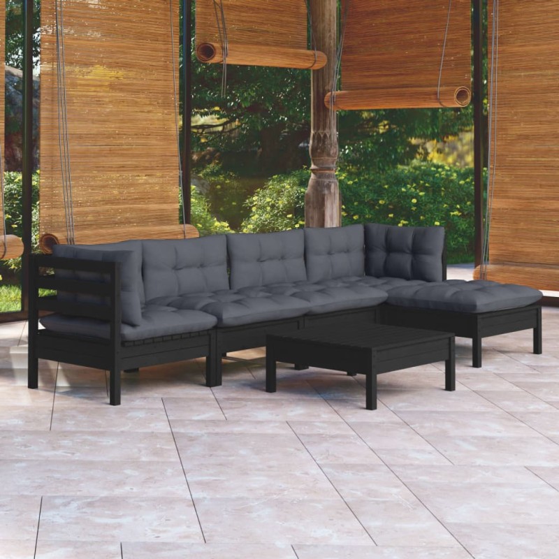 vidaXL Muebles de jardín 6 pzas con cojines negro madera de pino vidaXL Muebles de jardín 6 pzas con cojines negro madera de pino