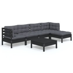 vidaXL Muebles de jardín 6 pzas con cojines negro madera de pino