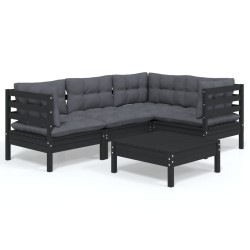vidaXL Muebles de jardín 5 pzas con cojines negro madera de pino