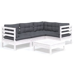 vidaXL Muebles de jardín 5 pzas con cojines blanco madera de pino