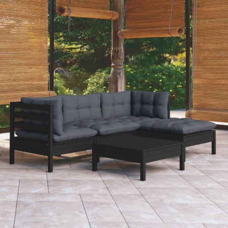 vidaXL Muebles de jardín 5 pzas con cojines negro madera de pino