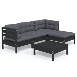 vidaXL Muebles de jardín 5 pzas con cojines negro madera de pino