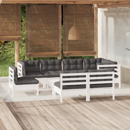 vidaXL Muebles de jardín 9 pzas y cojines blanco madera maciza de pino