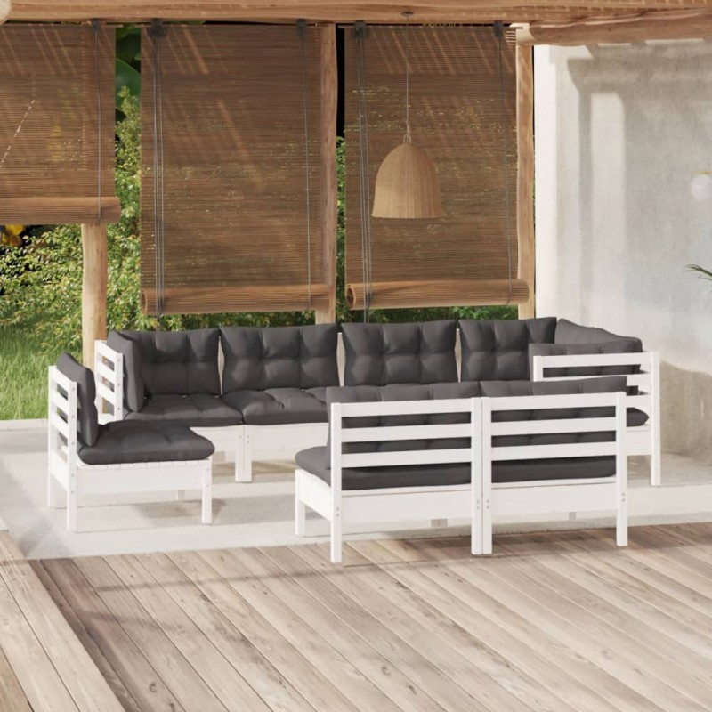 vidaXL Muebles de jardín 8 pzas y cojines blanco madera maciza de pino vidaXL Muebles de jardín 8 pzas y cojines blanco madera maciza de pino