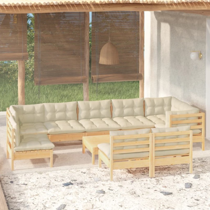 vidaXL Muebles de jardín 10 pzas y cojines madera maciza de pino crema vidaXL Muebles de jardín 10 pzas y cojines madera maciza de pino crema