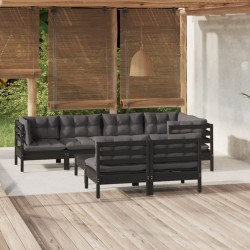 vidaXL Muebles de jardín 8 pzas con cojines negro madera maciza pino