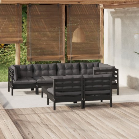 vidaXL Muebles de jardín 8 pzas con cojines negro madera maciza pino