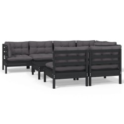 vidaXL Muebles de jardín 8 pzas con cojines negro madera maciza pino
