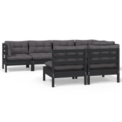 vidaXL Muebles de jardín 7 pzas y cojines negro madera maciza de pino