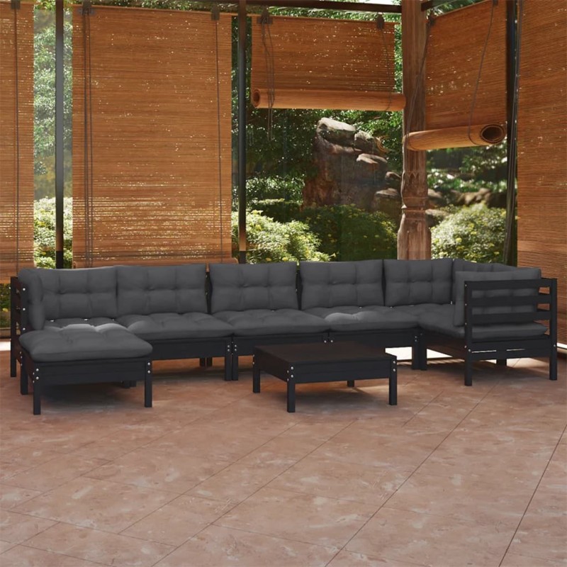 vidaXL Muebles de jardín 8 pzas y cojines negro madera maciza de pino