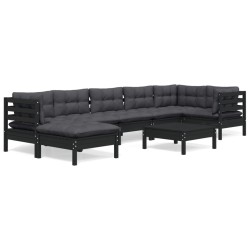 vidaXL Muebles de jardín 8 pzas y cojines negro madera maciza de pino