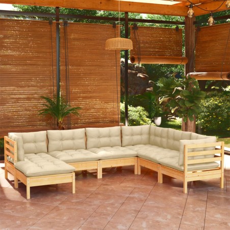 vidaXL Muebles de jardín 7 pzas y cojines madera maciza de pino crema