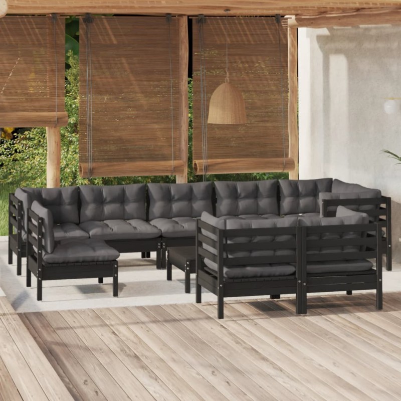 vidaXL Muebles de jardín 10 pzas con cojines negro madera maciza pino vidaXL Muebles de jardín 10 pzas con cojines negro madera maciza pino