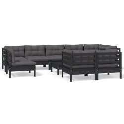 vidaXL Muebles de jardín 10 pzas con cojines negro madera maciza pino
