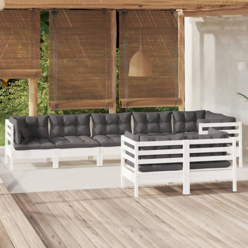 vidaXL Muebles de jardín 8 pzas y cojines blanco madera maciza de pino vidaXL Muebles de jardín 8 pzas y cojines blanco madera maciza de pino