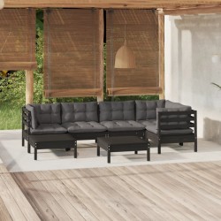 vidaXL Muebles de jardín 7 pzas y cojines negro madera maciza de pino
