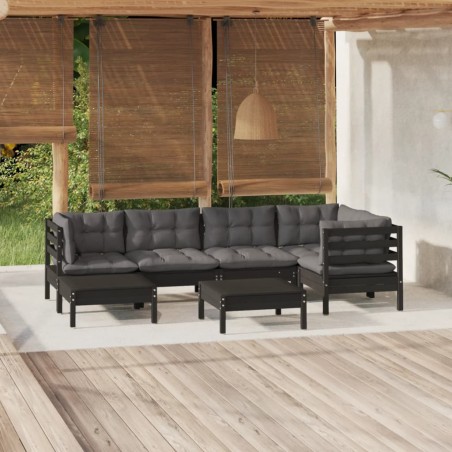 vidaXL Muebles de jardín 7 pzas y cojines negro madera maciza de pino