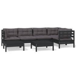 vidaXL Muebles de jardín 7 pzas y cojines negro madera maciza de pino