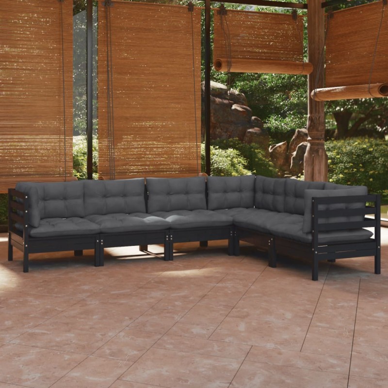 vidaXL Muebles de jardín 6 pzas y cojines negro madera maciza de pino