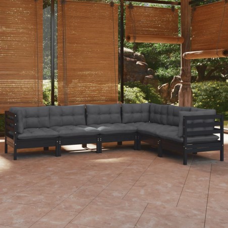 vidaXL Muebles de jardín 6 pzas y cojines negro madera maciza de pino