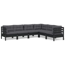 vidaXL Muebles de jardín 6 pzas y cojines negro madera maciza de pino