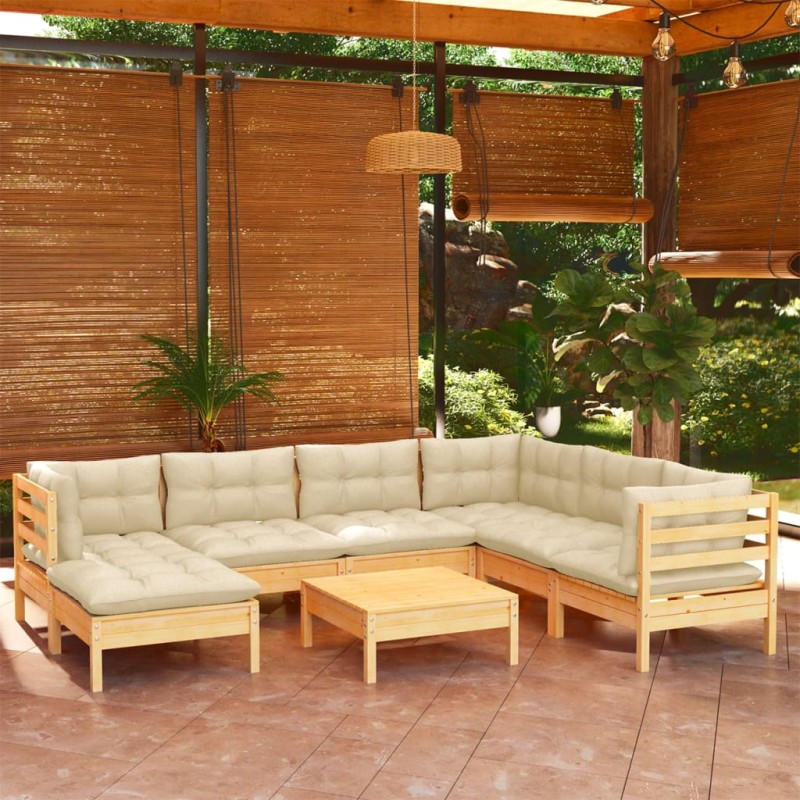 vidaXL Muebles de jardín 8 pzas y cojines madera maciza de pino crema