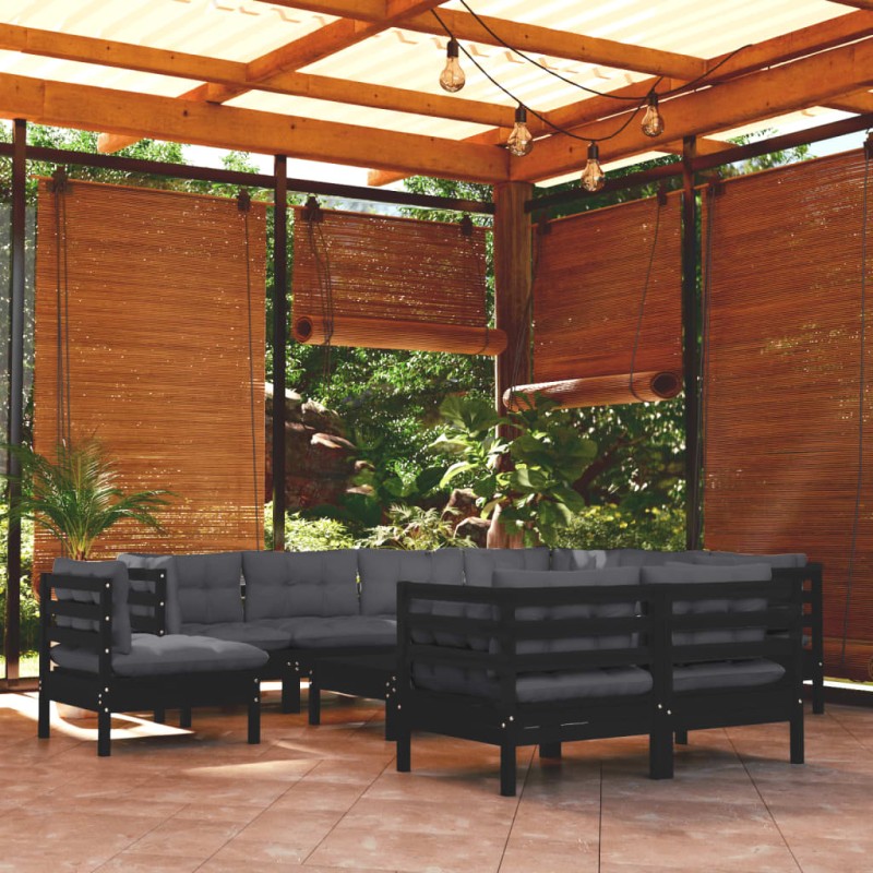 vidaXL Muebles de jardín 10 pzas con cojines negro madera maciza pino