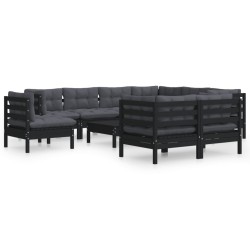 vidaXL Muebles de jardín 10 pzas con cojines negro madera maciza pino