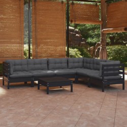 vidaXL Muebles de jardín 7 pzas con cojines negro madera maciza pino
