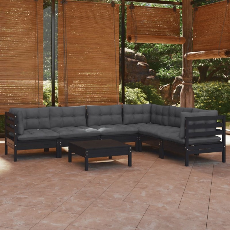 vidaXL Muebles de jardín 7 pzas con cojines negro madera maciza pino vidaXL Muebles de jardín 7 pzas con cojines negro madera maciza pino