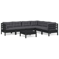 vidaXL Muebles de jardín 7 pzas con cojines negro madera maciza pino