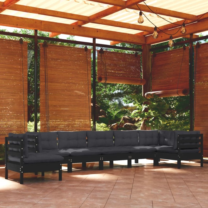 vidaXL Muebles de jardín 8 pzas y cojines negro madera maciza de pino vidaXL Muebles de jardín 8 pzas y cojines negro madera maciza de pino