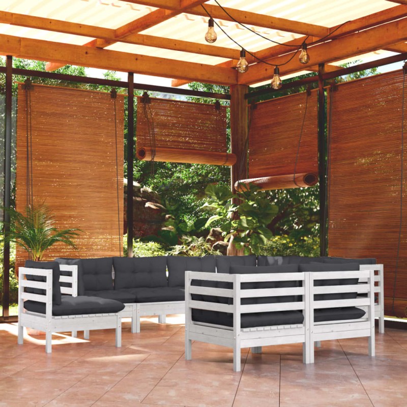 vidaXL Muebles de jardín 9 pzas y cojines blanco madera maciza de pino vidaXL Muebles de jardín 9 pzas y cojines blanco madera maciza de pino